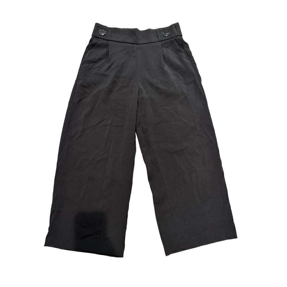 Zara Size Small Wide Leg Pull On Cropped Black Trouser Pants Elastic Waist